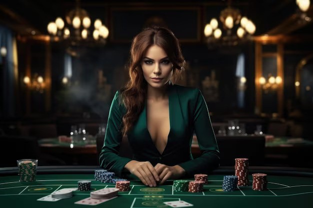 A professional-looking female casino naked blackjack dealer in a green outfit poses at a poker table surrounded by casino chips, in a luxurious casino setting.